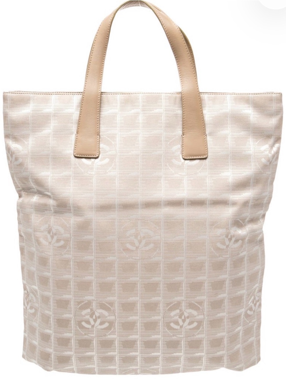 CHANEL Beige Canvas Logo Tote with Tan Leather Handles Travel Ligne Tote